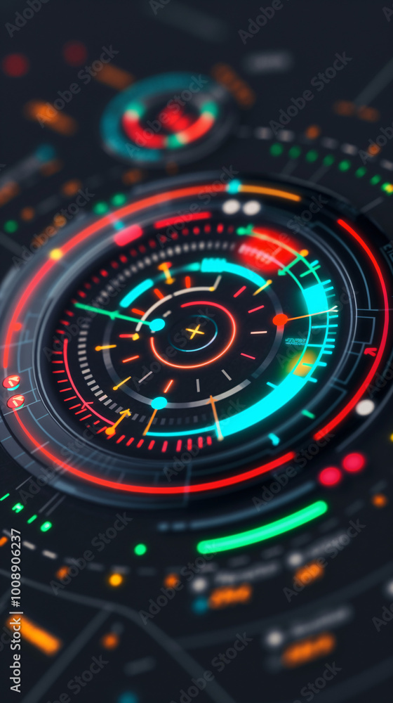 Futuristic digital display featuring circular data visualization with vibrant colors and intricate design elements during nighttime Futuristic digital display featuring circular data visualization with vibrant colors and intricate design elements during nighttime