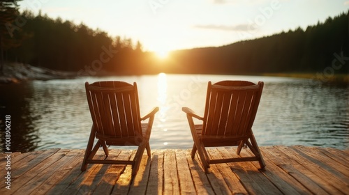 Two wooden chairs sit empty on a dock, facing a golden sunset over a tranquil lake, symbolizing peace, reflection, and the simplicity found in natural beauty.