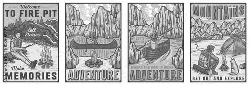 Four colorful illustrations featuring people enjoying outdoor winter activities, like canoeing, camping, and gathering around a bonfire