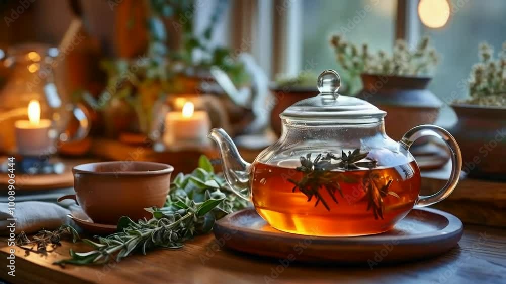 A serene tea setup featuring a glass teapot, herbs, and a warm ambiance. A serene tea setup featuring a glass teapot, herbs, and a warm ambiance.