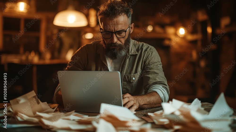 A thoughtful man with glasses is intensely absorbed in his laptop work surrounded by scattered papers, symbolizing focus, analytical thinking, and a busy lifestyle. A thoughtful man with glasses is intensely absorbed in his laptop work surrounded by scattered papers, symbolizing focus, analytical thinking, and a busy lifestyle.
