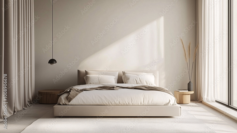 Minimalist bedroom featuring a modern bed with neutral-colored linens and a sleek floor lamp. The room has a calming, airy feel, with minimal furniture and decor Minimalist bedroom featuring a modern bed with neutral-colored linens and a sleek floor lamp. The room has a calming, airy feel, with minimal furniture and decor