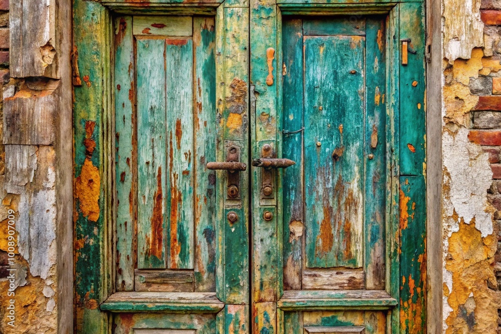 Weathered wooden doors with chipped paint close-up Weathered wooden doors with chipped paint close-up
