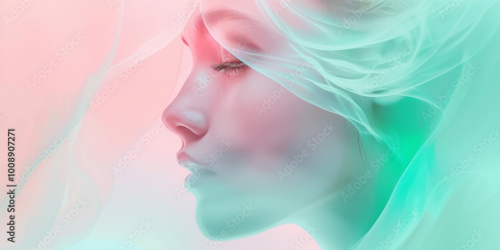 Abstract background with a girl's face and pastel gradient, soft pink, blue, and green tones, blurred texture, minimalistic design, calming colors, smooth transitions. Abstract background with a girl's face and pastel gradient, soft pink, blue, and green tones, blurred texture, minimalistic design, calming colors, smooth transitions.