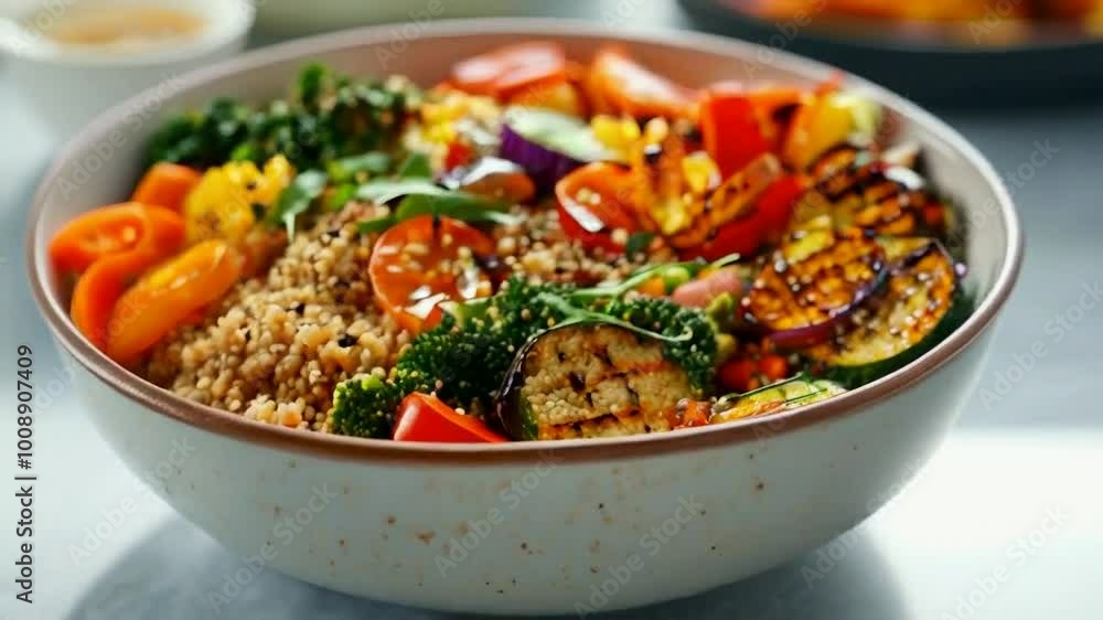 A colorful bowl of grilled vegetables and quinoa, showcasing healthy eating. A colorful bowl of grilled vegetables and quinoa, showcasing healthy eating.