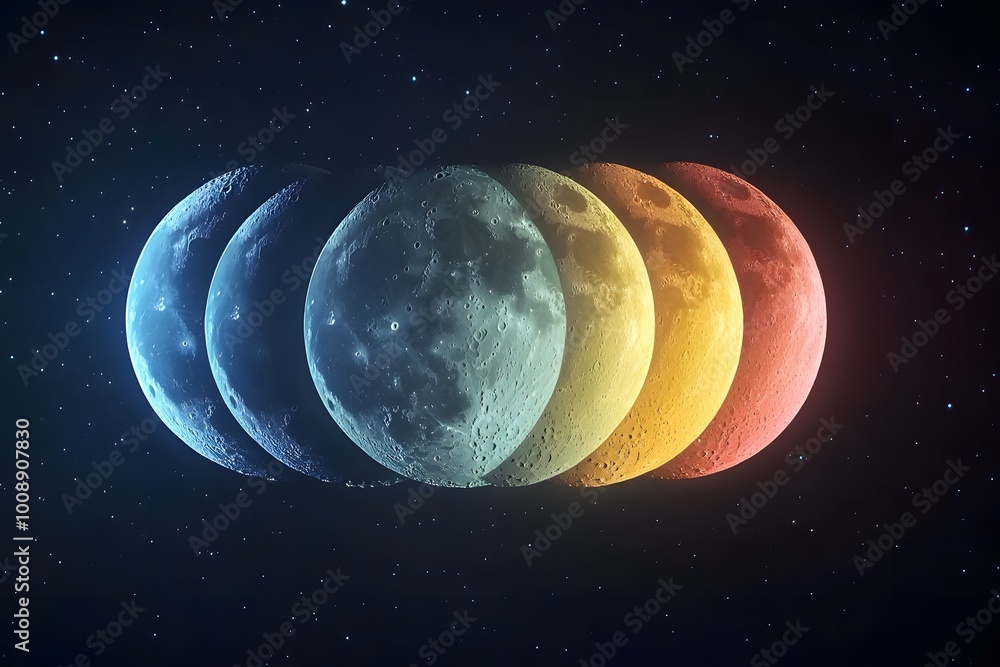 Colorful moons sequence against a starry background Colorful moons sequence against a starry background