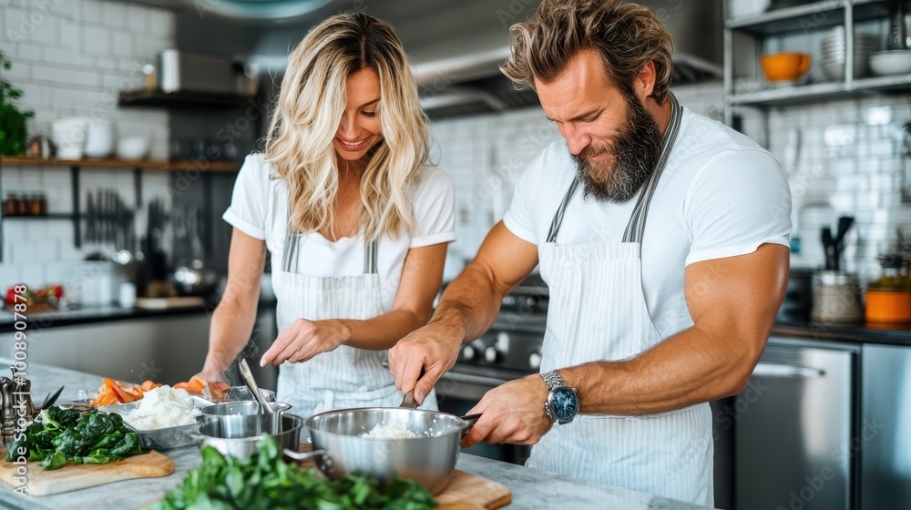 A happy couple wearing aprons are preparing a meal in a stylish kitchen, surrounded by fresh vegetables and cooking utensils, enjoying their time together. Bright atmosphere. A happy couple wearing aprons are preparing a meal in a stylish kitchen, surrounded by fresh vegetables and cooking utensils, enjoying their time together. Bright atmosphere.