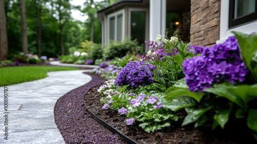 A vibrant garden path leading through a striking purple floral arch, surrounded by lush greenery and colorful blooms, creating a breathtaking natural vista.