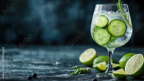 A refreshing gin and tonic garnished with cucumbers, limes, and herbs in a glass, artfully presented on a reflective surface, capturing essence of refreshment. photo