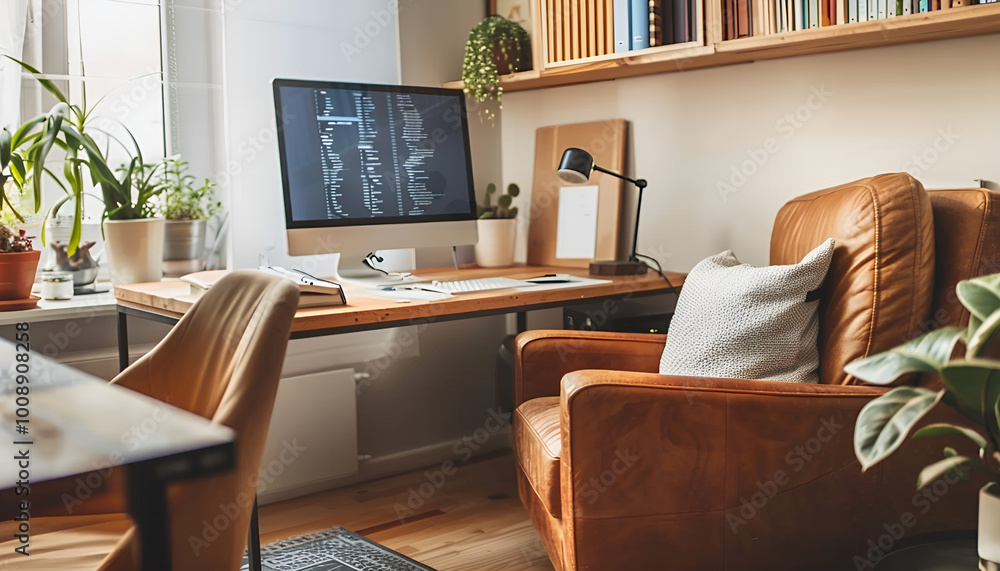 Fototapeta premium Stylish home office interior with sofa and comfortable workplace