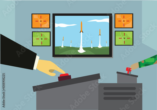 Nuclear warheads are deployed through a push of button and a key. Editable Clip Art.