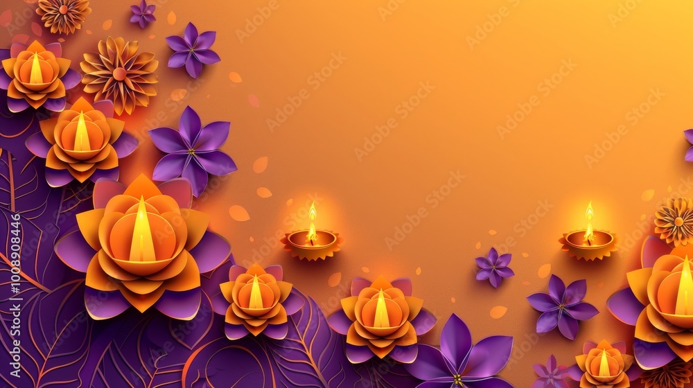 Obraz premium Happy Diwali festival of lights background with paper cut-out mandala pattern and space for text on a purple color background.