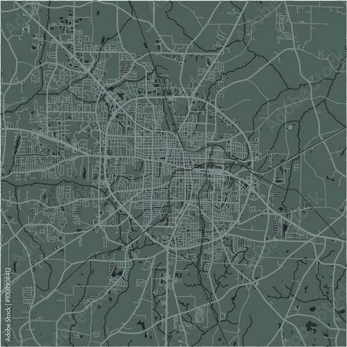 Map of Dothan in Alabama in a smooth dark style. Contains layered vector with roads water, parks, etc.