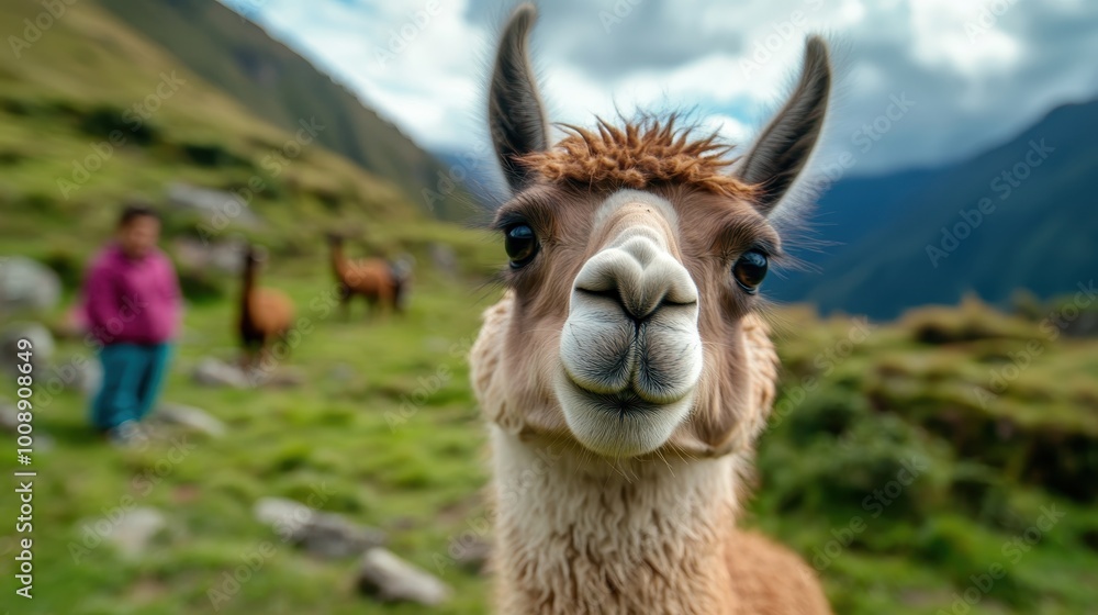 Obraz premium An inquisitive llama stares into the camera lens, set against a backdrop of lush green hills. Other llamas dot the mountainous landscape, giving a serene sense of freedom.