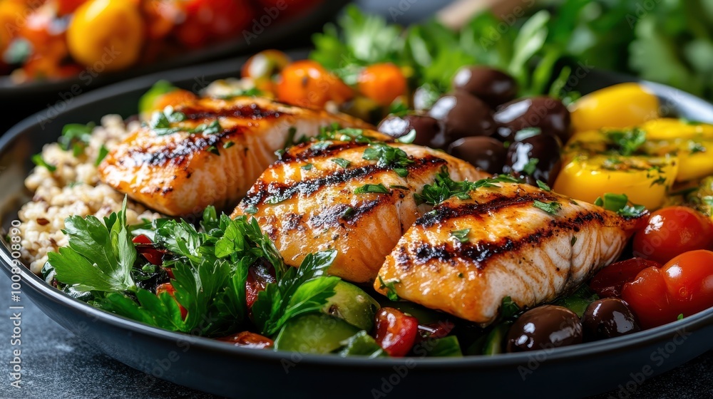 A delicious arrangement of three grilled salmon fillets garnished with parsley, surrounded by a colorful assortment of vegetables including olives and tomatoes on a dark plate. A delicious arrangement of three grilled salmon fillets garnished with parsley, surrounded by a colorful assortment of vegetables including olives and tomatoes on a dark plate.