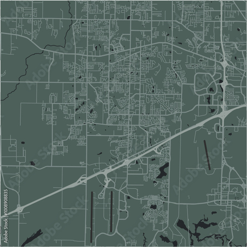 Map of Madison in Alabama in a smooth dark style. Contains layered vector with roads water, parks, etc.