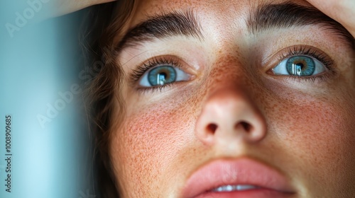 An artistic close-up showcasing striking blue eyes and a freckled complexion, captured under soft lighting that enhances the natural and youthful beauty. photo