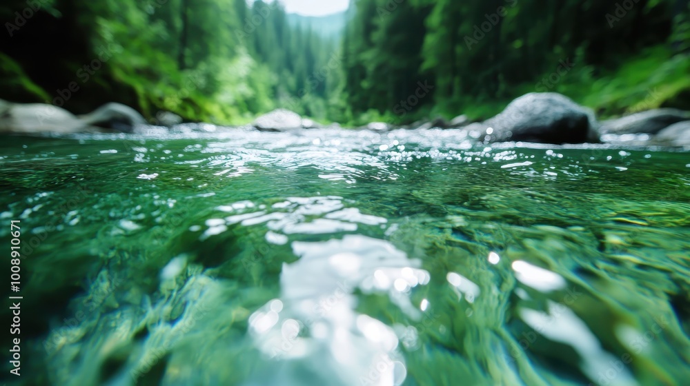 Fototapeta premium The stunning image depicts a vibrantly colored forest river with crystal-clear water flowing gracefully, surrounded by deep greenery and tall trees in an idyllic setting.