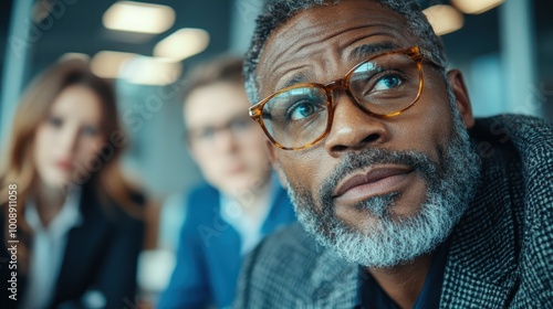 The image presents a thoughtful businessman wearing glasses looking aside during a business meeting, adding an element of contemplation and strategic thinking in the office.