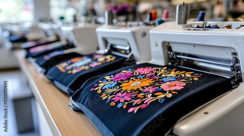 An Embroidery machine with color floral patterns stitched on fabric, clothing, professional photography, created with AI