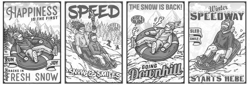 Four colorful illustrations showing happy people enjoying winter activities like snow tubing and sledding down a snowy mountainside