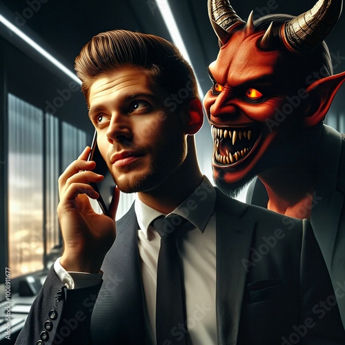 Businessman in a suit on the phone, while a sinister devil leans in, whispering a deceitful plan into his ear, tempting with unethical schemes like fraud, insider trading, tax evasion. Generative AI photo