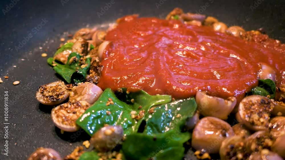 Pouring And Cooking Red Tomato Pasta Sauce With Green Vegetables And Purple Eggplant / Brinjal On Cooking Pan Pouring And Cooking Red Tomato Pasta Sauce With Green Vegetables And Purple Eggplant / Brinjal On Cooking Pan