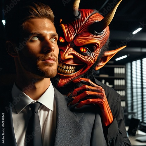 Fototapeta kuchenna A businessman in a suit. A sinister devil leans in close, whispering a deceitful plan into his ear, tempting him with unethical schemes like fraud, insider trading, and tax evasion. Generative AI