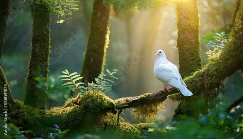 White Dove: Holy Spirit. Dove in a Misty Forest