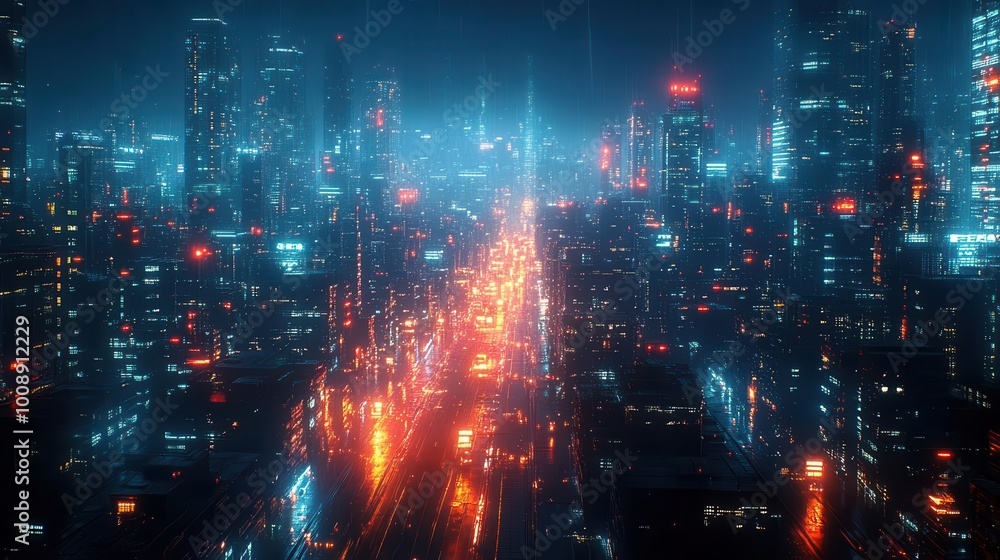 Fototapeta premium futuristic cityscape with glowing data streams and holographic interfaces showcasing the integration of ai technology in business environments under a cyberpunk night sky