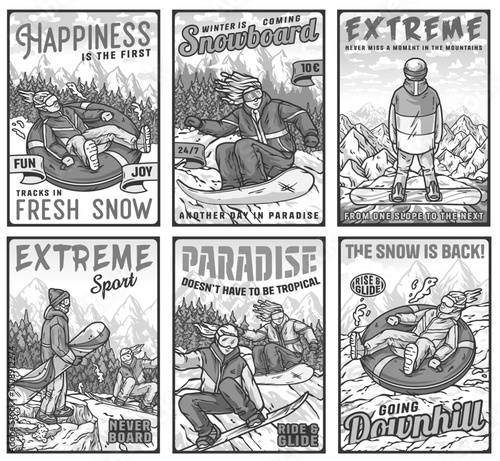 People snowboarding and snow tubing down a mountain, feeling the thrill of winter sports in a snowy landscape. Exciting, fun, and perfect for an adventurous winter vacation