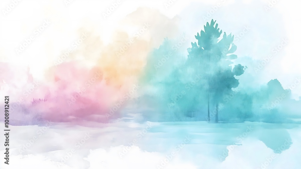 Naklejka premium Soft Watercolor Landscape with Trees and Gradient Sky in Pastel Tones_6