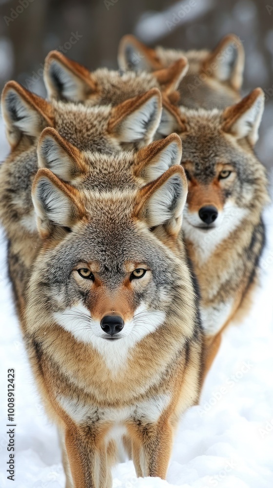 Fototapeta premium A group of coyotes stands in a snowy landscape, showcasing their striking features and fur patterns.