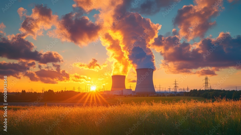 Nuclear power plants blowing off smoke with billowing from the towers going up against the vast skies, sustainable energy production concept, air pollution, environmental awareness Nuclear power plants blowing off smoke with billowing from the towers going up against the vast skies, sustainable energy production concept, air pollution, environmental awareness