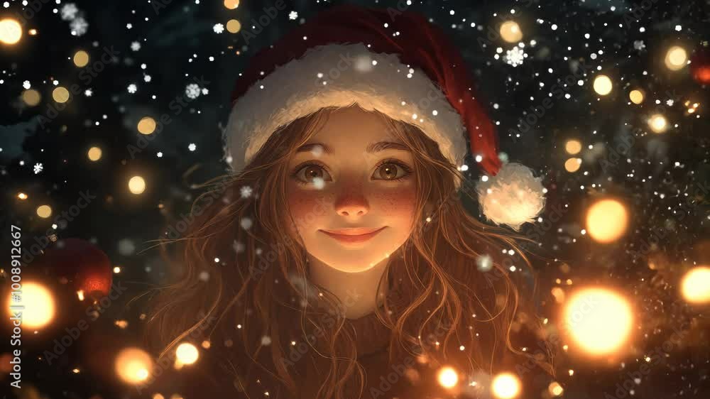 Portrait of girl with wavy hair, Santa hat tilted, sparkling eyes, cozy setting with glowing decorations. Portrait of girl with wavy hair, Santa hat tilted, sparkling eyes, cozy setting with glowing decorations.