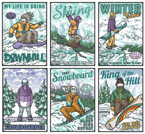 Experience the thrill of winter sports with these vibrant posters showcasing snowboarders and skiers in action on mountain slopes