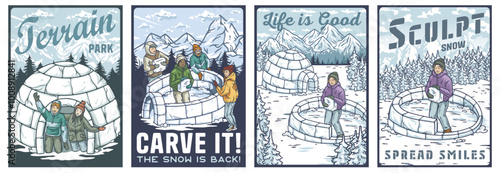 Four colorful posters with people building igloo from snow blocks on mountain landscape background, winter outdoor activities and recreation concept