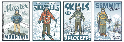 Four vibrant posters capture the essence of winter sports, with skiers and snowboarders navigating snowy slopes