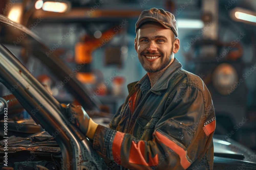Auto repair service. Handsome smiling mechanic. Auto repair service. Handsome smiling mechanic.
