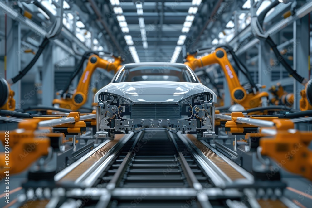 Fototapeta premium Automated robot arm assembly line for electric vehicle manufacturing.