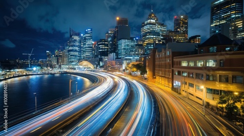 Nighttime Cityscape with Light Trails and Waterway