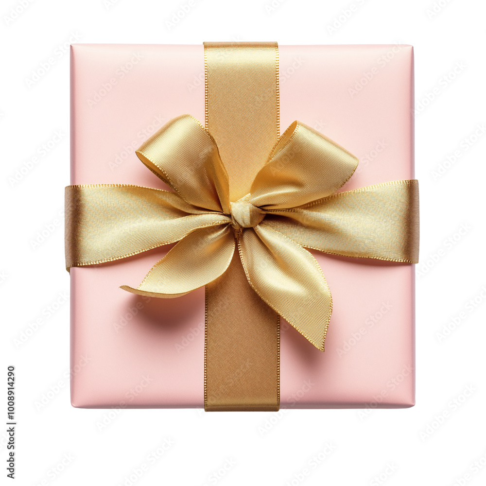 Pink gift box with golden ribbon isolated on the background. Top view gift box on a transparent background. Generative AI. Pink gift box with golden ribbon isolated on the background. Top view gift box on a transparent background. Generative AI.