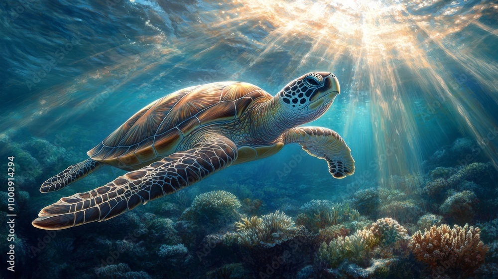 Fototapeta premium Graceful Sea Turtle Swimming in Clear Ocean Waters