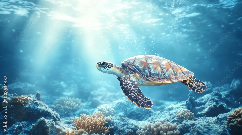 Fototapeta premium Graceful Sea Turtle Swimming in Crystal Clear Ocean