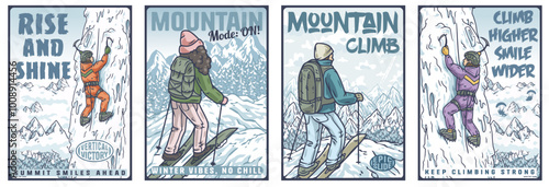 Set of four colorful posters featuring people enjoying winter sports in a mountain landscape, perfect for promoting outdoor activities and a healthy lifestyle
