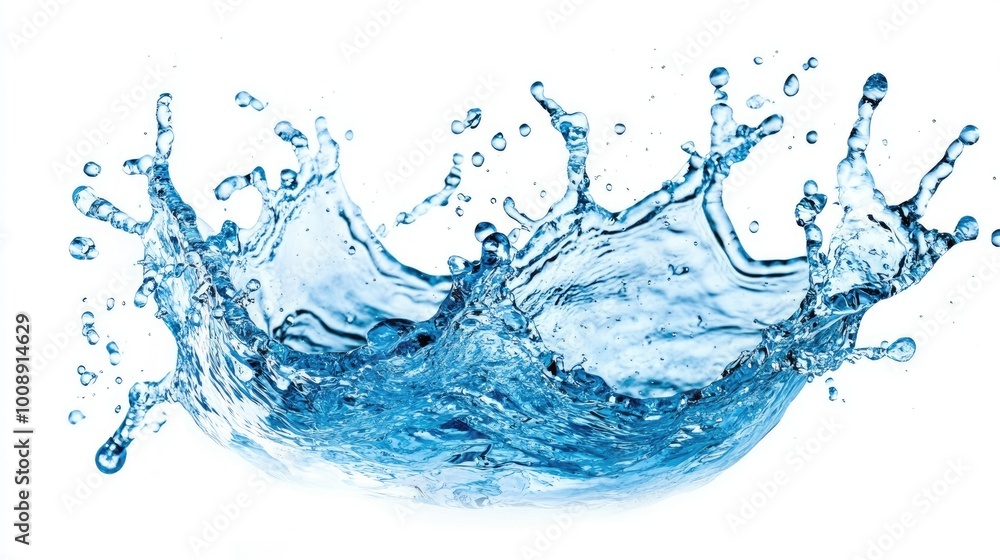 Crystal-clear blue water splash isolated on a clean white background, emphasizing the intricate patterns and beauty of the splash Crystal-clear blue water splash isolated on a clean white background, emphasizing the intricate patterns and beauty of the splash