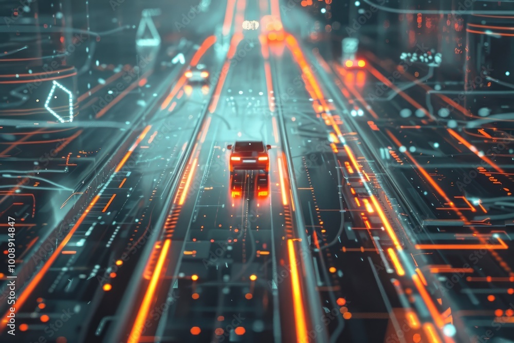 Obraz premium Future road technology with data transfer for traffic analytics.