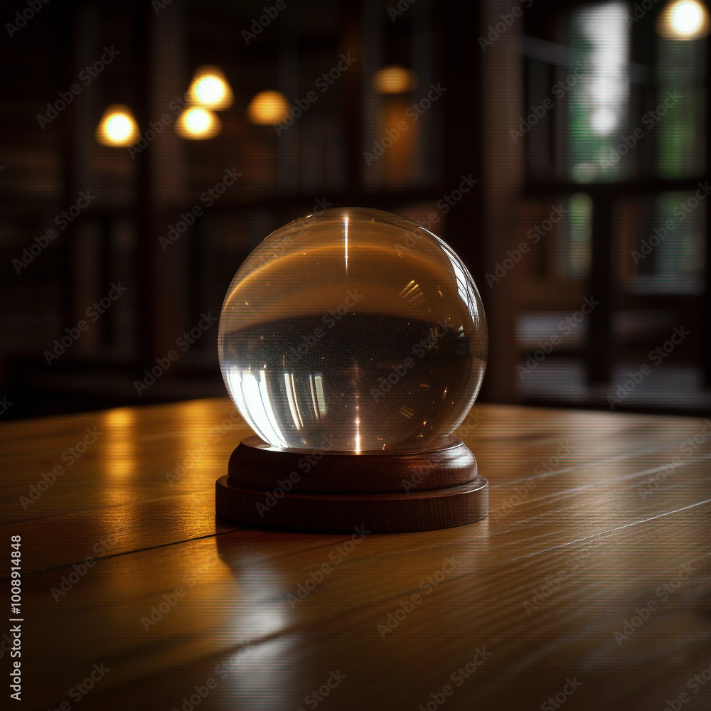 A glass ball is sitting on a wooden table in front of a window. A glass ball is sitting on a wooden table in front of a window.