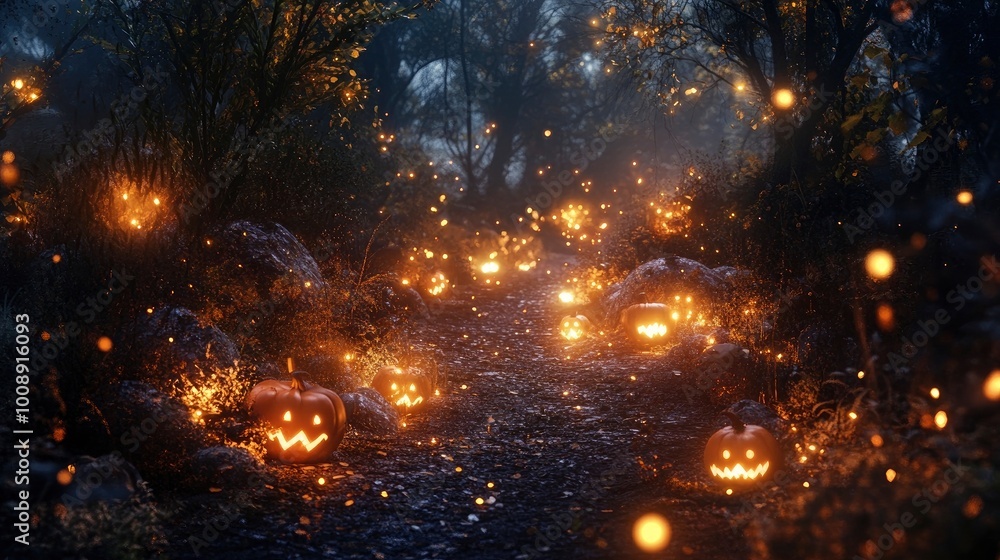 Naklejka premium A spooky forest path illuminated by glowing pumpkins and ghostly figures.