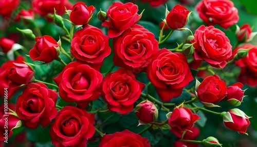 a beautiful photo with red climbing flowers, roses with their buds and blooming flowers